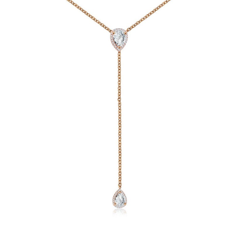 espere CZ Pear Drop Lariat Necklace 16" with 2.75" Y Drop Adjustable, 14K Rose Gold Finish - Image 1